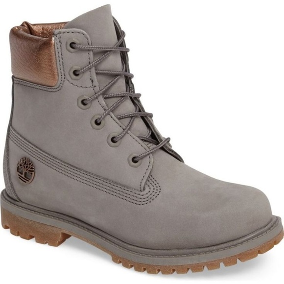 grey and rose gold timberland boots